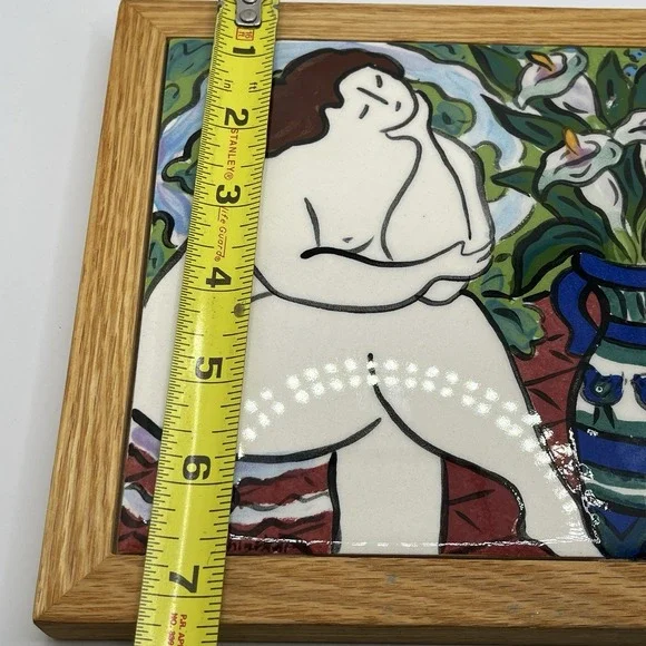 Carol Keiser 6" Hand Painted Nude Woman Sitting Ceramic Tile Oak Framed Trivet - Picture 6 of 6